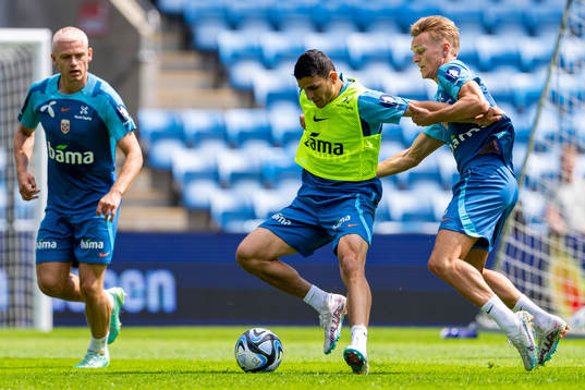 Mohamed Elyounoussi and Martin Ødegaard of the Norwegian