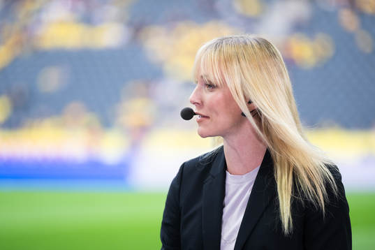 Johanna Frisk in the studio of Swedish broadcaster