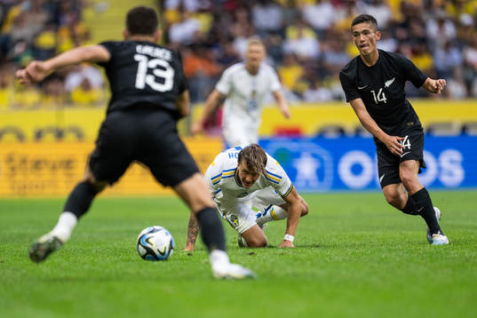 Liberato Cacace and Elijah Just of New Zealand against