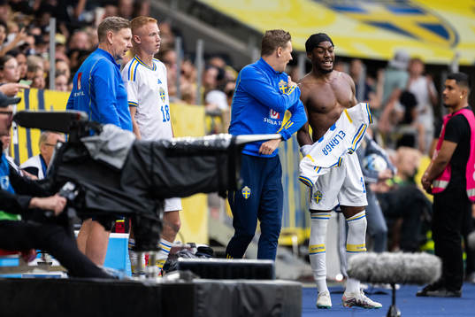 Hugo Larsson and Anthony Elanga of Sweden