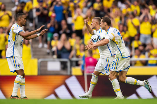 Robin Quaison Jesper Karlsson and Viktor Claesson celebrate