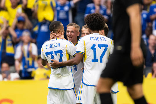 Robin Quaison, Jesper Karlsson and Jens Cajuste celebrate