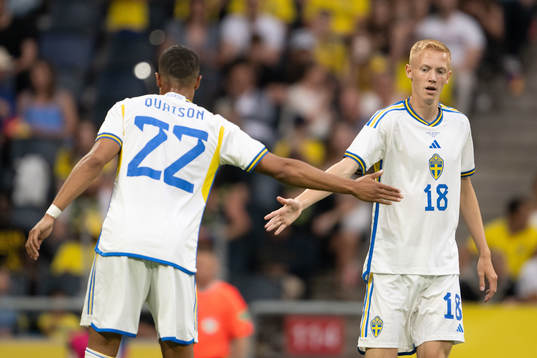 Robin Quaison and Hugo Larsson of Sweden