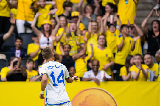 Jesper Karlsson of Sweden celebrates his 3-1 goal