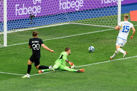 Callum Mccowatt of New Zealand scores 0-1 behind goalkeeper