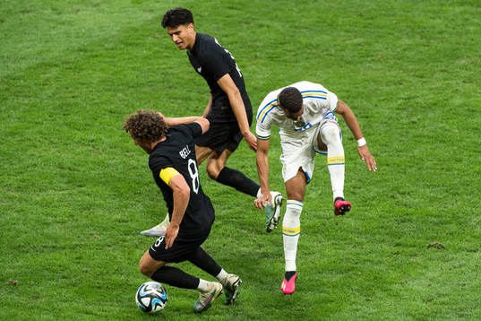 Joe Bell and Marko Stamenic of New Zealand against Robin