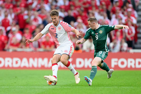 Joachim Andersen of Denmark and Shayne Lavery of Northern