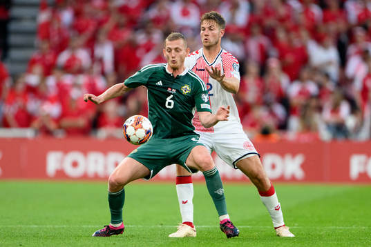Jonny Evans of Northern Ireland and Joachim Andersen of