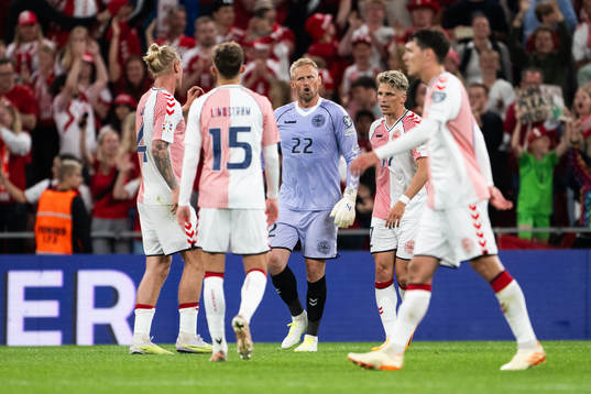 Goalkeeper Kasper Schmeichelof Denmark  celebrates