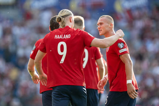Erling Braut Haaland of Norway celebrate with Leo Skiri