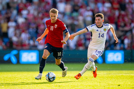 Martin Ødegaard of Norway and Billy Gilmour of Scotland
