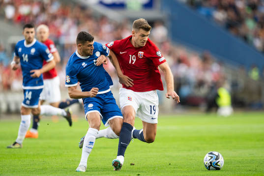 Nicholas Ioannou of Cyprus and Alexander Sørloth of Norway