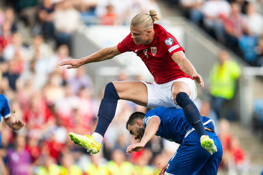 Erling Braut Haaland of Norway and Konstantinos Laifis of
