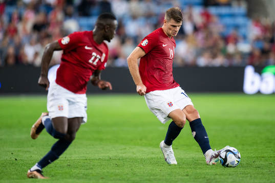 Brice Wembangomo and Alexander Sørloth of Norway
