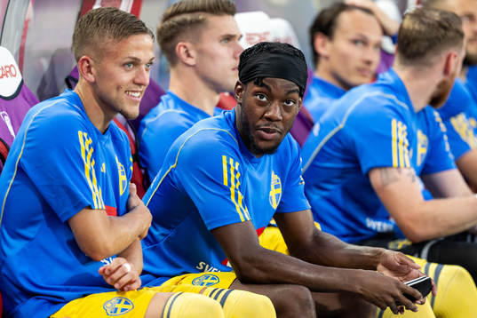 Jesper Karlsson and Anthony Elanga of Sweden