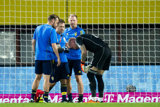 Goalkeeper Robin Olsen of Sweden receives medical attention