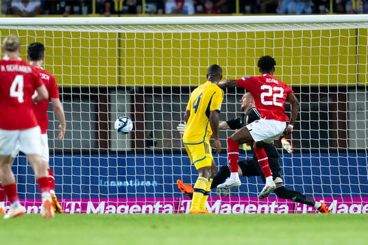 Goalkeeper Robin Olsen of Sweden and Junior Adamu of Austria