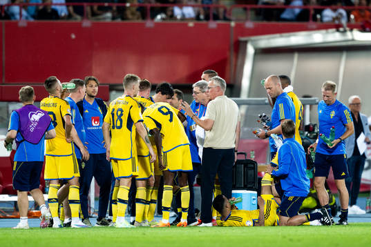 Head coach Janne Andersson and players of Sweden