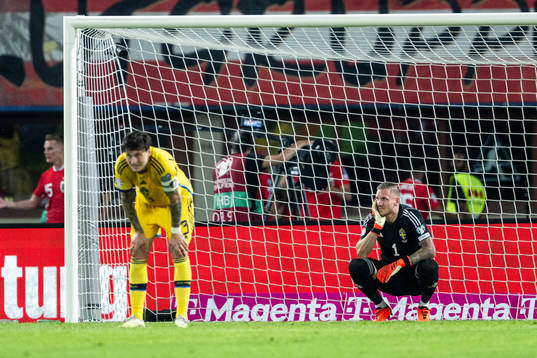 Victor Nilsson Lindelöf and goalkeeper Robin Olsen looks