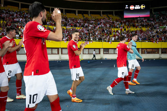 Christoph Baumgartner of Austria celebrates