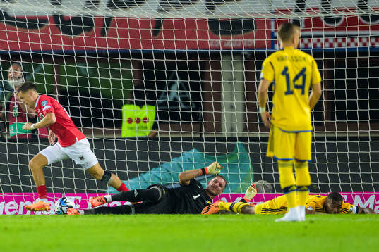 Christoph Baumgartner of Austria celebrates the 1-0 goal as