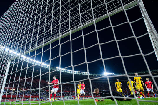 Michael Gregoritsch of Austria attacks in front of