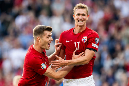 Ola Solbakken of Norway celebrates with Alexander Sørloth