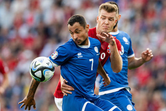 Anderson Correia of Cyprus and Alexander Sørloth of Norway