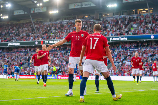 Ola Solbakken of Norway celebrates with Alexander Sørloth