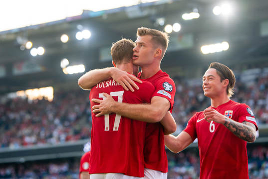 Ola Solbakken of Norway celebrates with Alexander Sørloth
