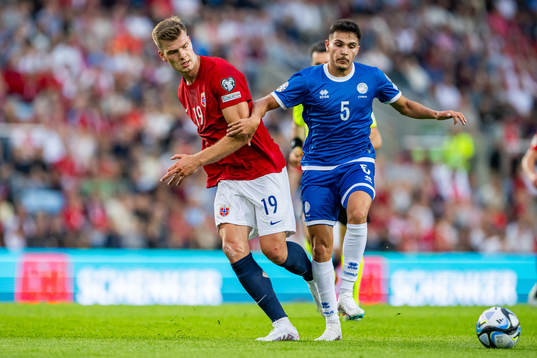 Alexander Sørloth of Norway and Charalampos Charalampous