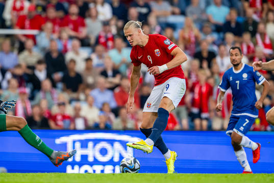 Erling Braut Haaland of Norway scores the 3-0 goal