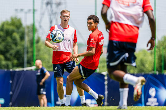 Sivert Heggheim Mannsverk and Antonio Nusa of the Norwegian