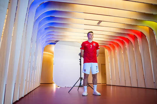 Syver Aas of the Norwegian U19 national football team poses