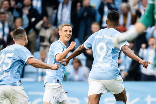 Malmö FFs Søren Rieks och Isaac Kiese Thelin jublar