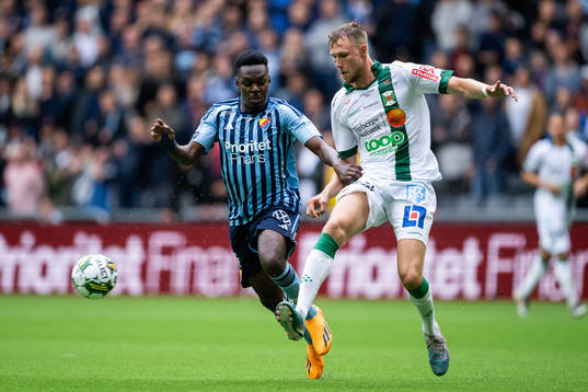 Djurgårdens Joel Asoro och Varbergs Niklas Dahlström