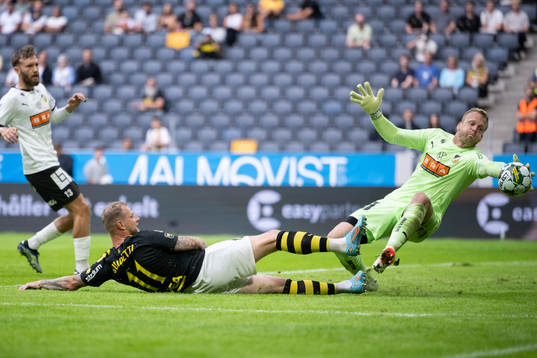 AIKs John Guidetti och Häckens målvakt Peter Abrahamsson