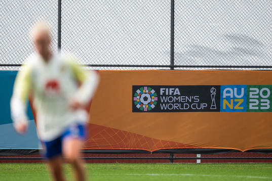 The logo for the FIFA Women's World Cup is seen behind a