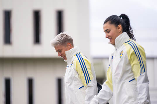 Lina Hurtig and goalkeeper Zecira Musovic of the Swedish