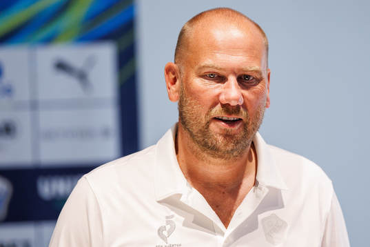 Halmstads tränare Magnus Haglund på presskonferensen