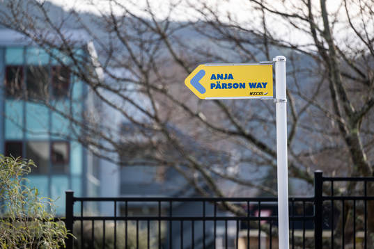A road sign which reads ”Anja Pärson Way” (named