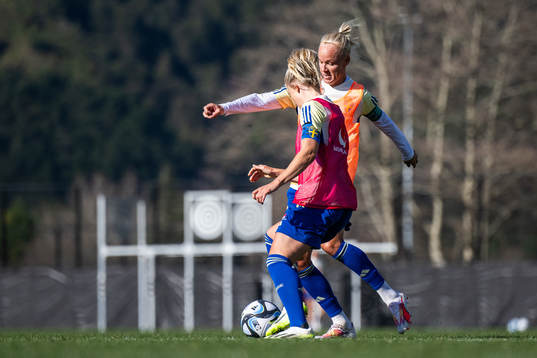Caroline Seger and Rebecka Blomqvist of the Swedish women's