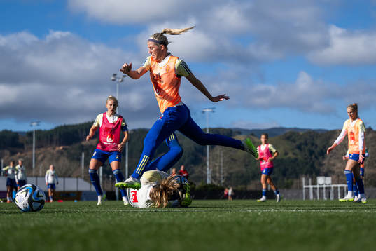 Goalkeeper Tove Enblom and Olivia Schough of the Swedish