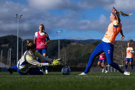 Goalkeeper Tove Enblom and Olivia Schough of the Swedish