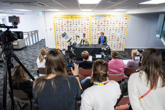 Caroline Seger and press officer Fredrik Madestam of the