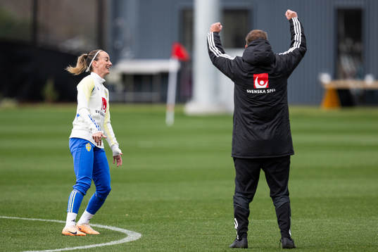 Head coach Peter Gerhardsson celebrates next to Kosovare