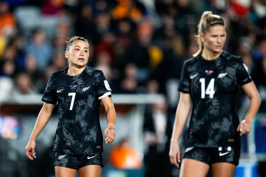 Ali Riley of New Zealand and Katie Bowen of New Zealand