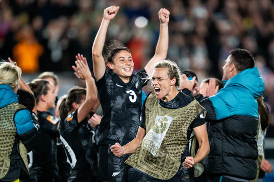 Claudia Bunge and Hannah Wilkinson of New Zealand celebrate