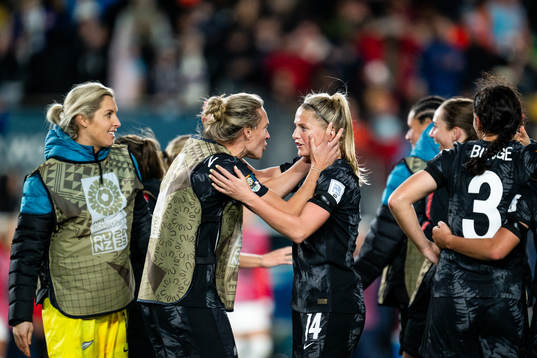 Hannah Wilkinson and Katie Bowen of New Zealand celebrate