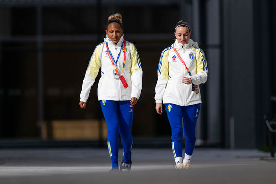 Madelen Janogy and Kosovare Asllani of the Swedish women's